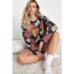 Lulus Thriving Weekend Navy Blue Floral Knit Pullover Lounge Sweater - Size S
